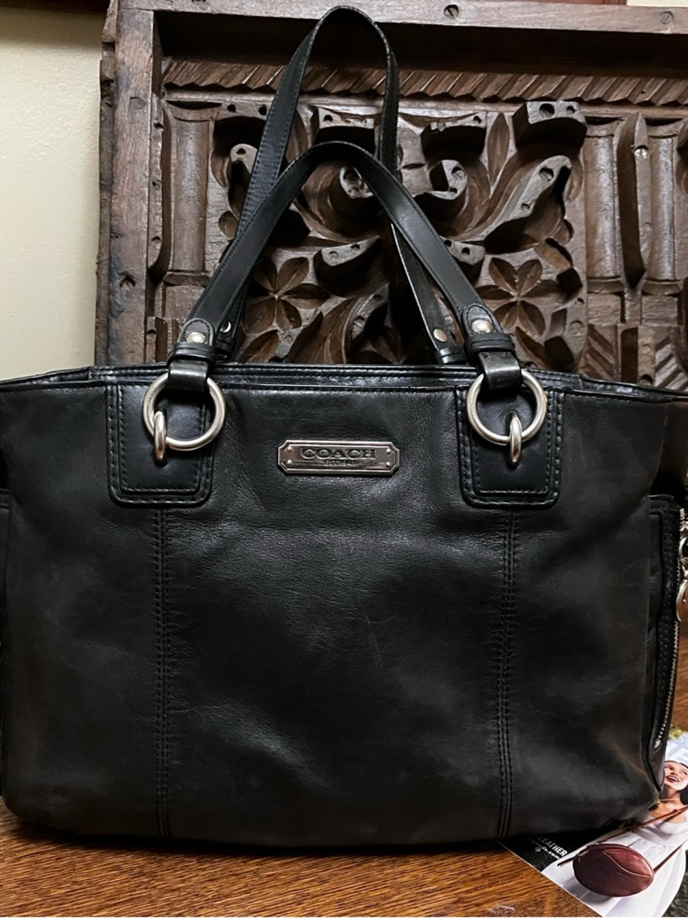 Coach F19252 Gallery East West Black Leather Shoulder Tote with Silver Hardware